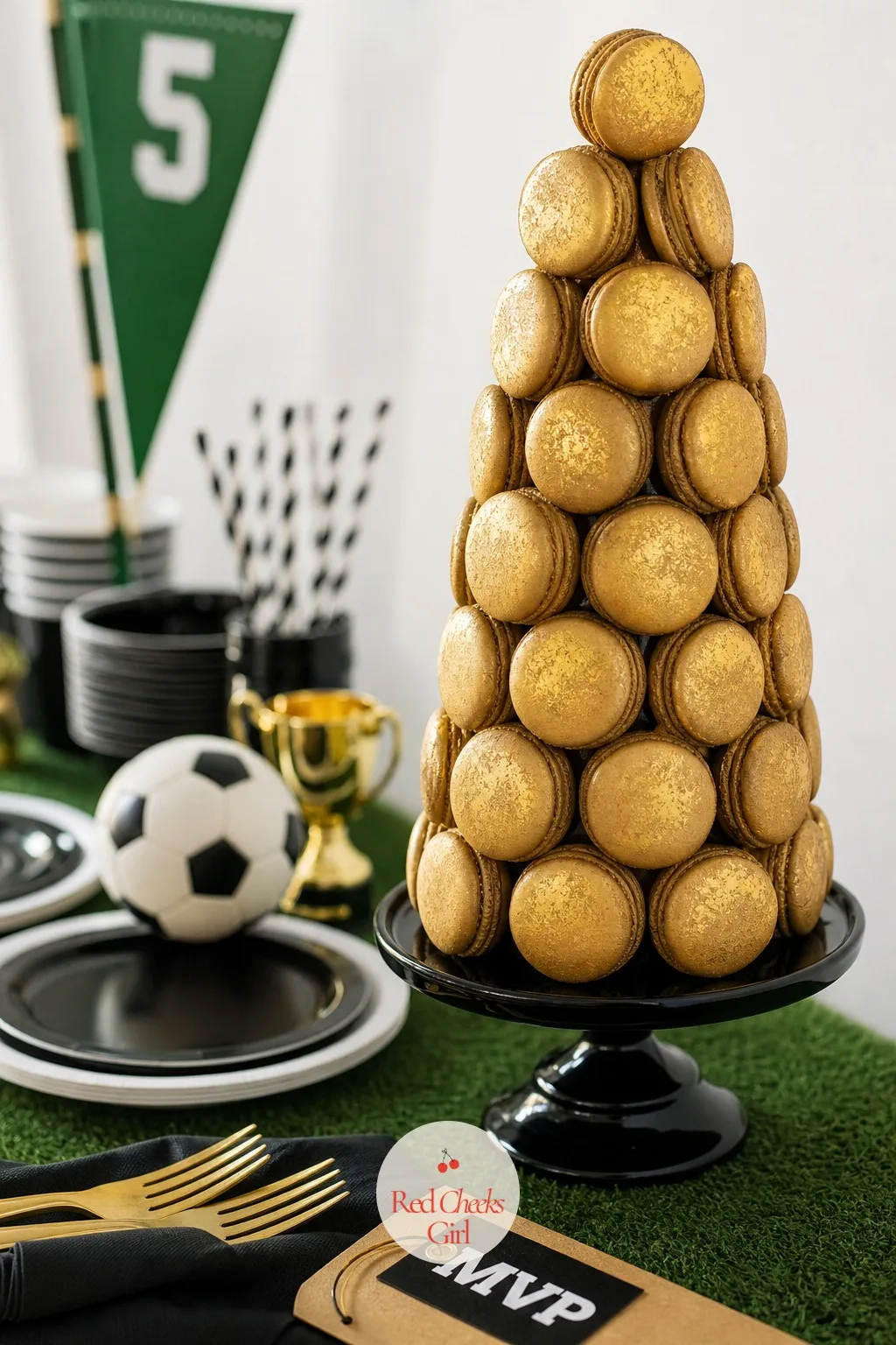 Trophy Gold Macaron Stack — Every table needs one piece that is purely decorative gold, and a stack of macarons brushed with edible gold lustre does that