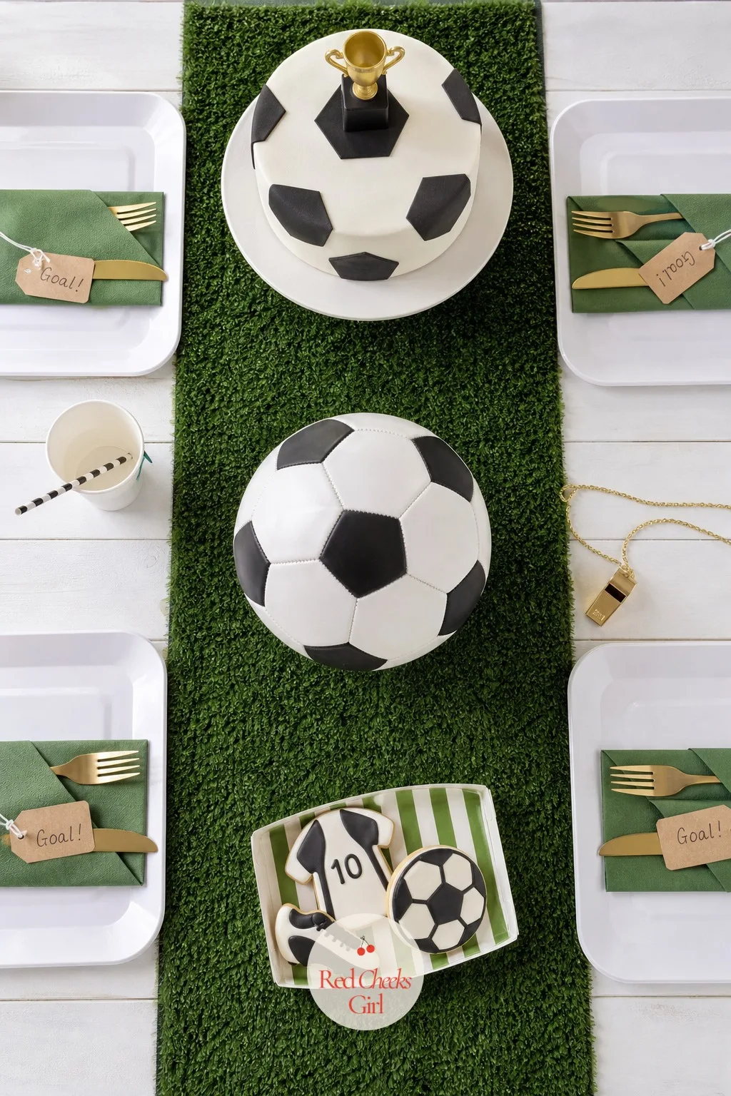 Turf Table Runner — A plain white tablecloth says nothing about soccer on its own. Soccer birthday party ideas