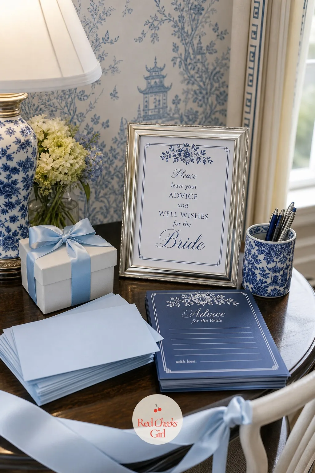 Blue Advice Cards for the Bride — Set beside the guest book or on the gift table, a small stack of cards in powder blue envelopes asks every guest to leave one