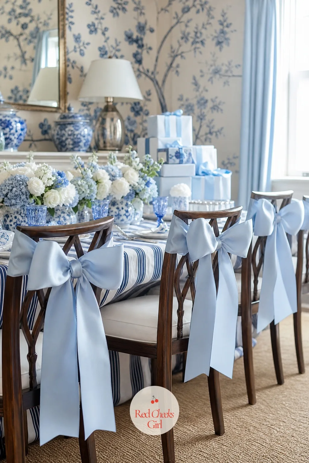 Blue Bows on Chairs — Every chair around the table gets the same bow, tied at the top of the chair back so it sits in frame behind each guest rather than