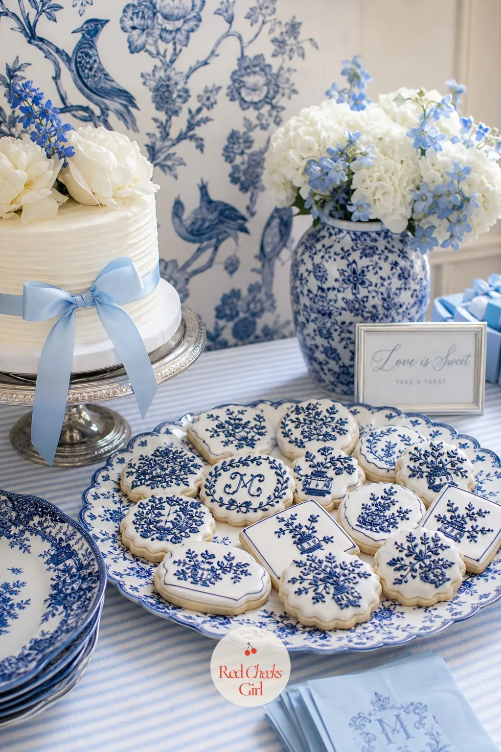 Blue Cookies — Set in a low basket or laid flat on a platter near the cake, a batch of iced cookies carries the chinoiserie pattern in miniature, each one