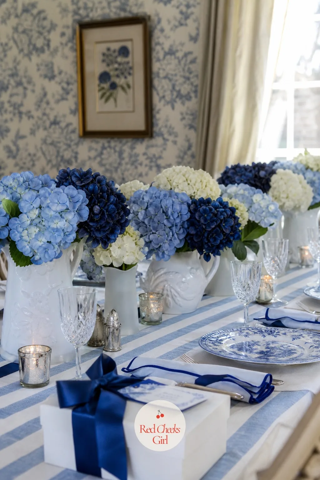 Blue Hydrangea Centerpieces — Blue hydrangeas do more work per stem than almost any other flower, one full head fills a vase, and three heads look lush.