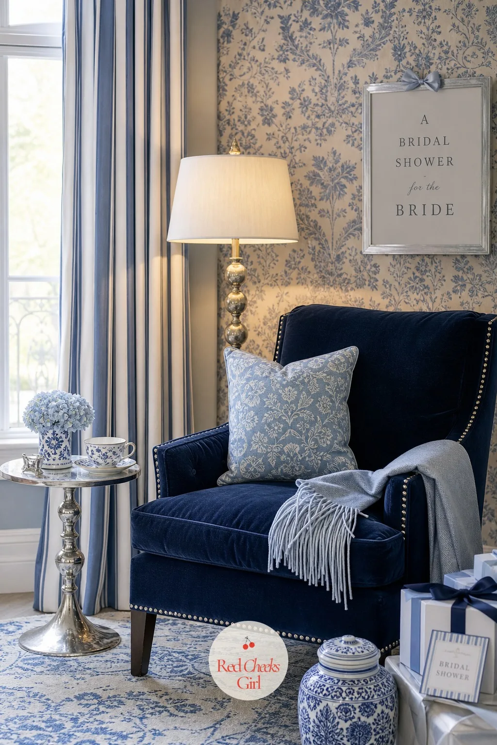 A Blue Velvet Lounge Corner — Give her somewhere to actually sit between gift-opening and cake, a corner with a navy velvet armchair or two, a patterned