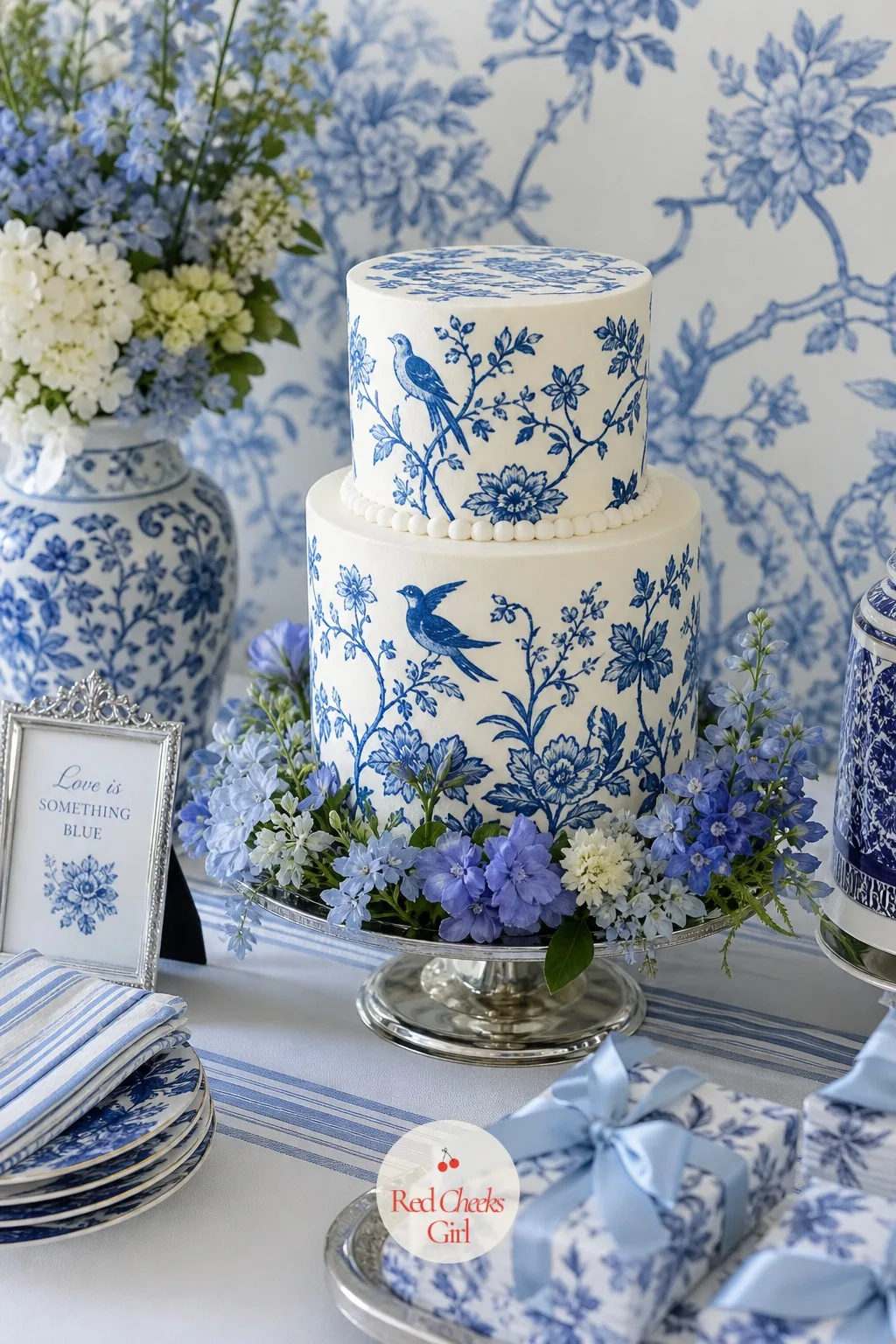 Blue and White Cake — Set on its own stand at the centre of the dessert table, the cake wears the same chinoiserie pattern as the china around it, hand-painted