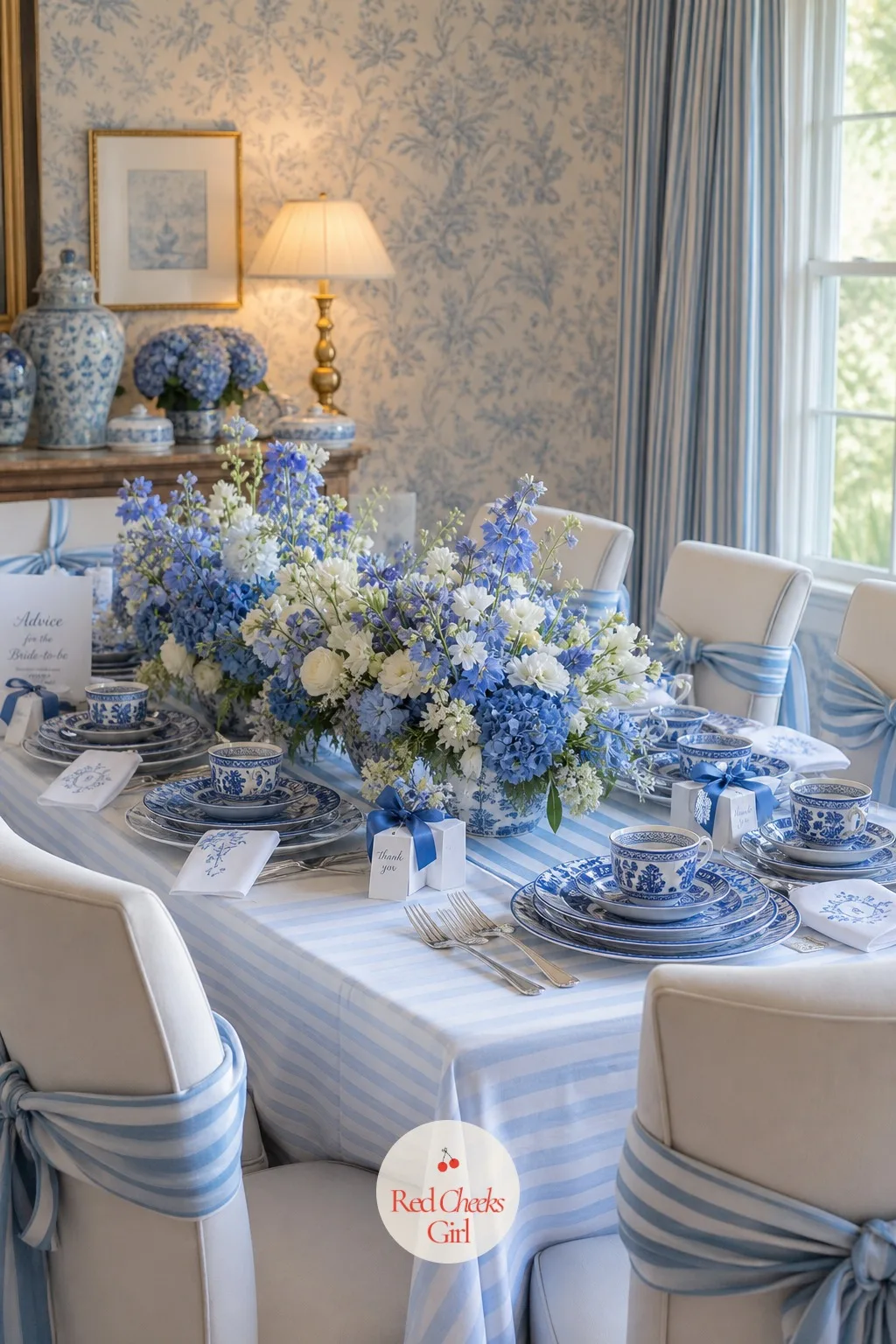 The Blue and White Porcelain Table — This is the table she sees the moment she walks in, not a prop shot on a bare counter. Something blue bridal shower ideas