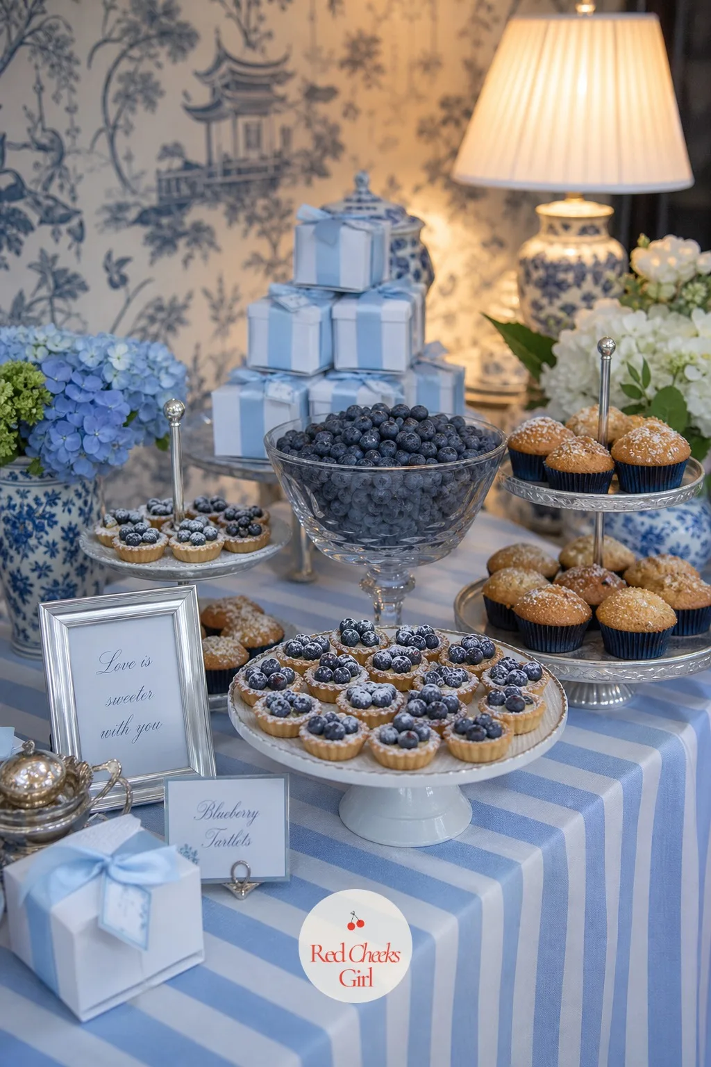 Blueberry Dessert Table — Beside the cake, a spread of blueberry desserts fills out the rest of the table with real colour rather than dyed icing: blueberry