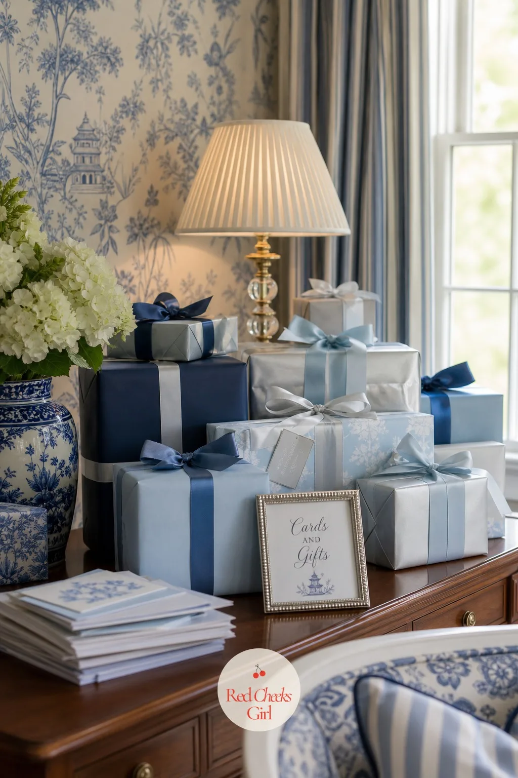 Gift Table with Blue Wrap — Set to one side of the room rather than in the middle of photos, the gift table carries the same navy and powder blue through the