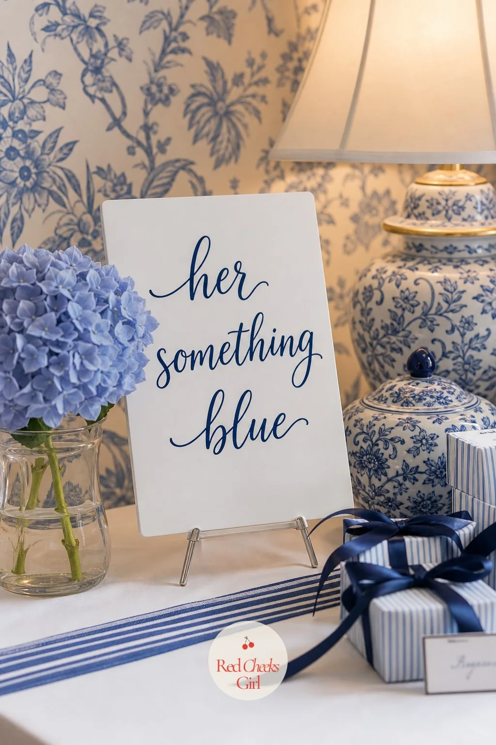 'Her Something Blue' Sign — The sign links the old rhyme about something blue for luck to the shower held before vows, naming the theme in three words guests