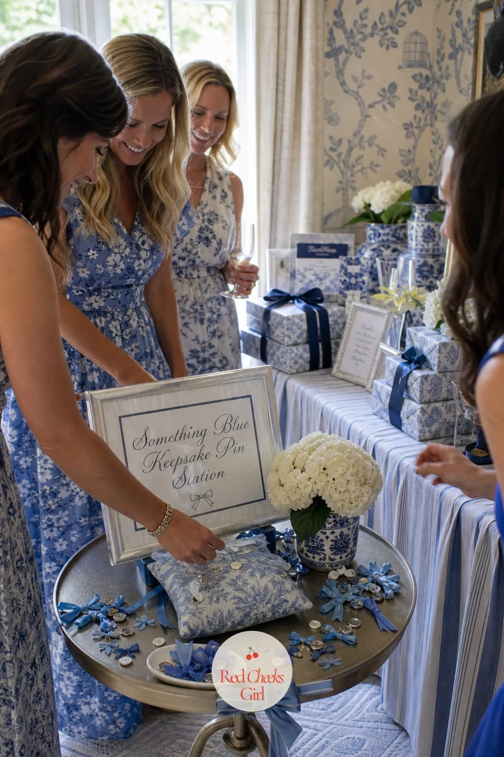 Something Blue Keepsake Pin Station — Near the gift table, a small station holds a cushion or board where guests can leave a tiny blue trinket for the bride to