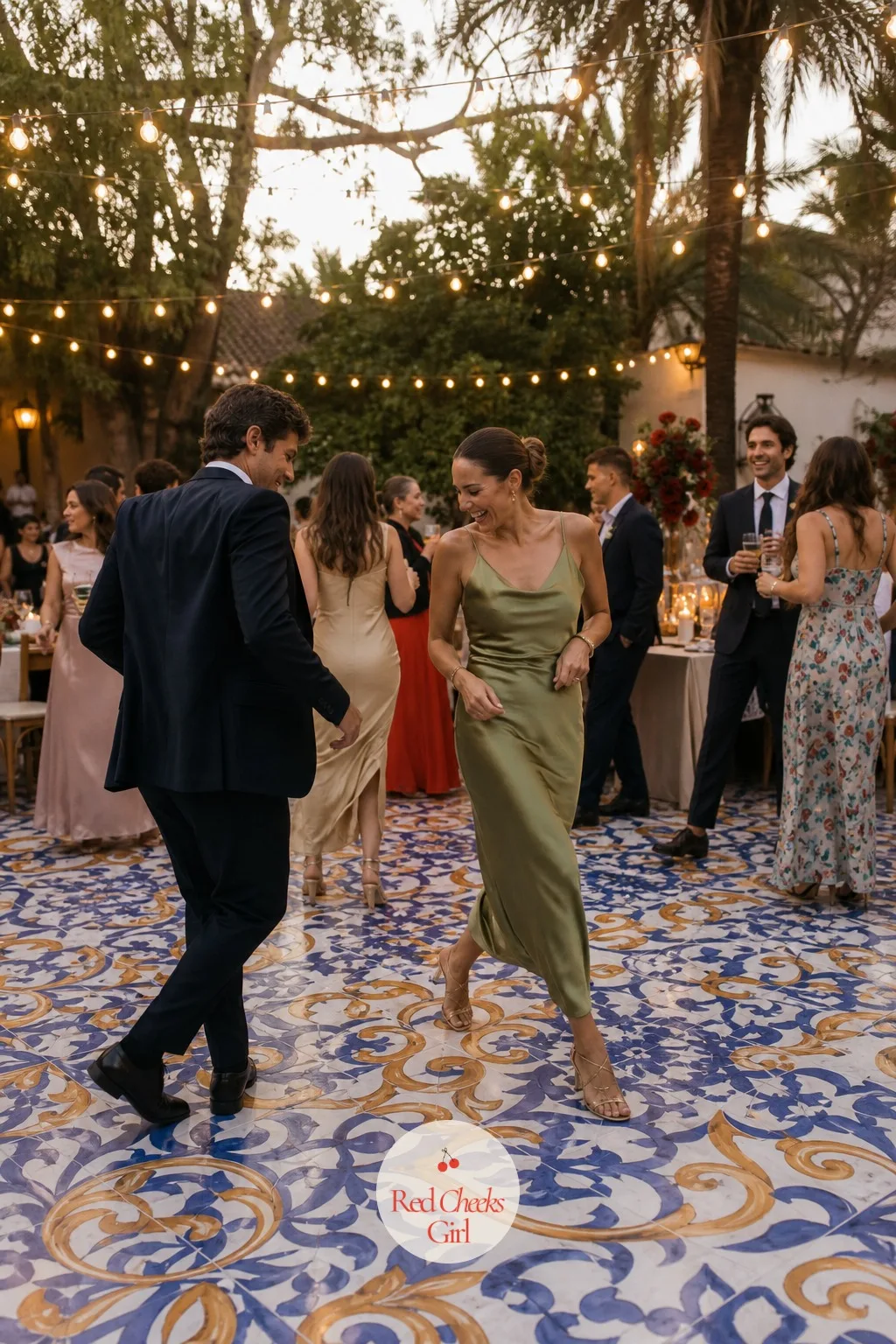 Andalusian Tile Dance Floor — A plain parquet floor under all that red and gold can feel unfinished, like the room forgot one layer. Spanish wedding
