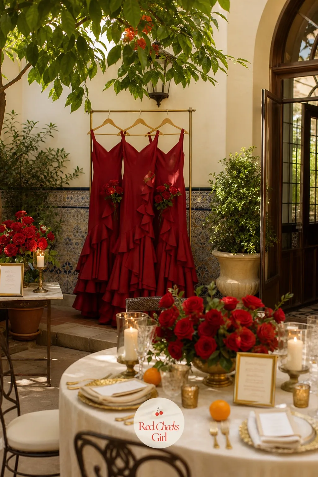 Bridesmaids in Red Ruffled Dresses — A line of pastel bridesmaid dresses would look borrowed from a different wedding entirely. Spanish wedding