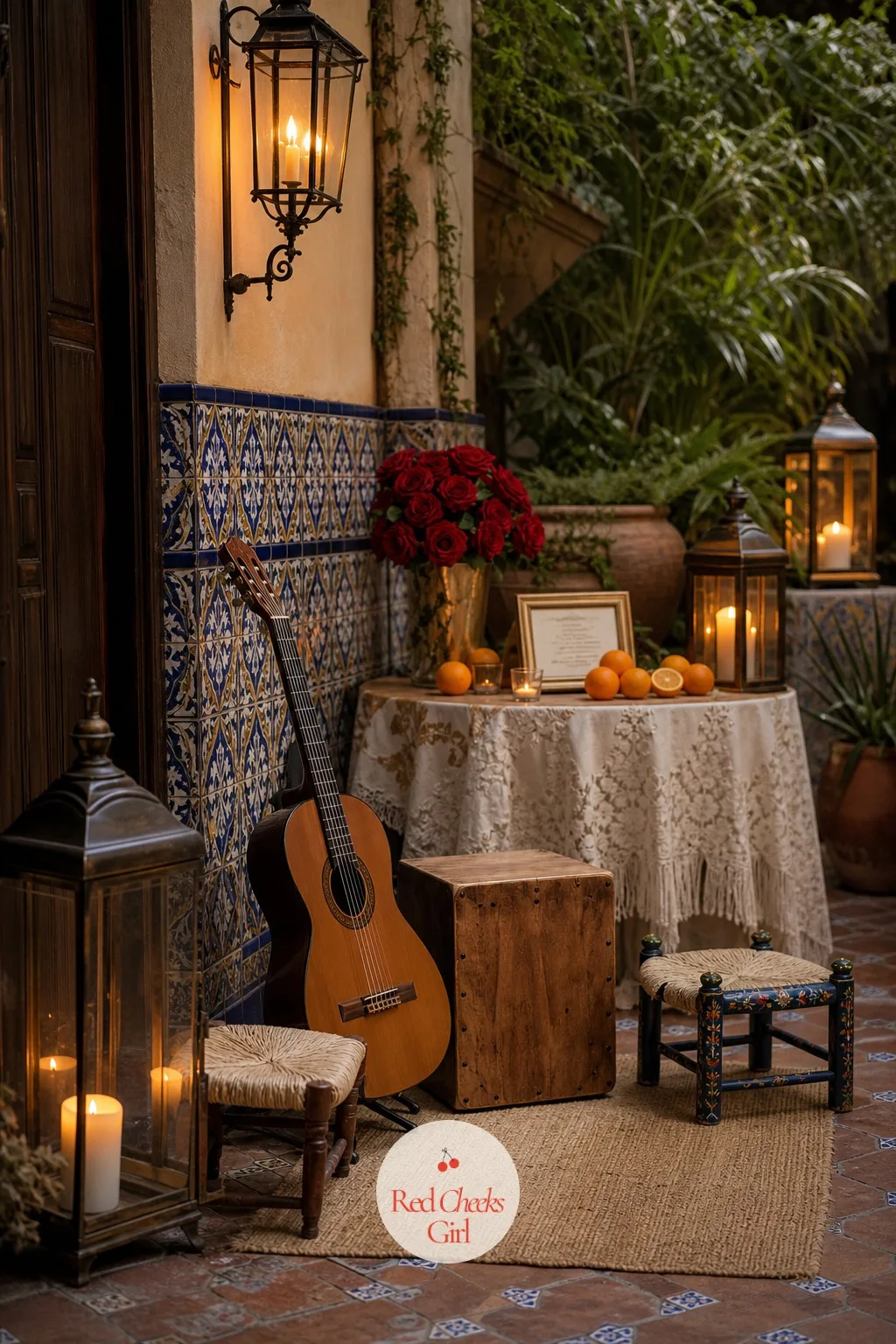 Live Guitar and Cajón Corner — Recorded guitar through a speaker never quite fills a courtyard the way a real instrument does. Spanish wedding