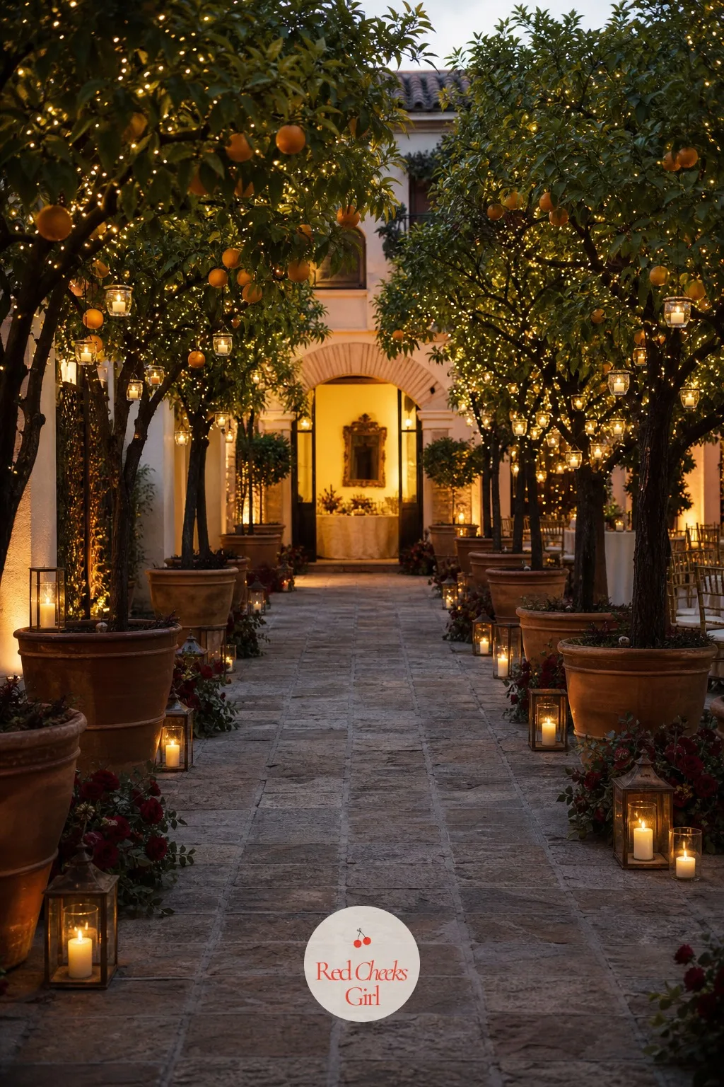 Orange Tree Lined Reception Entrance — She will worry potted trees read like a hotel lobby. Spanish wedding