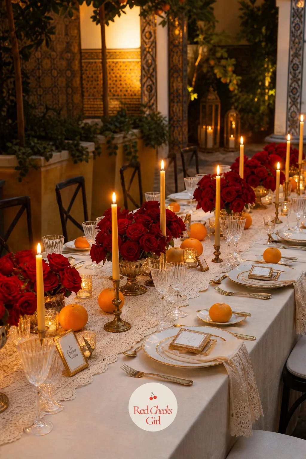 Red Rose and Candlelight Tablescape — A table lit only by overhead lights looks like a conference room no matter how good the flowers are. Spanish wedding