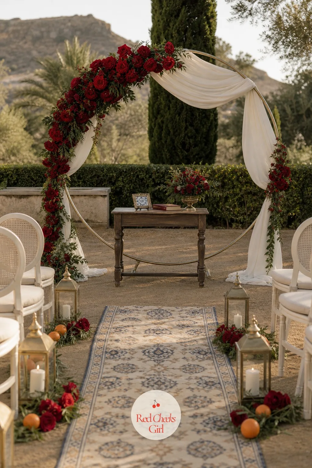 Red Rose Ceremony Arch — An empty arch at the front of the aisle looks like it is waiting for something to be delivered. Spanish wedding