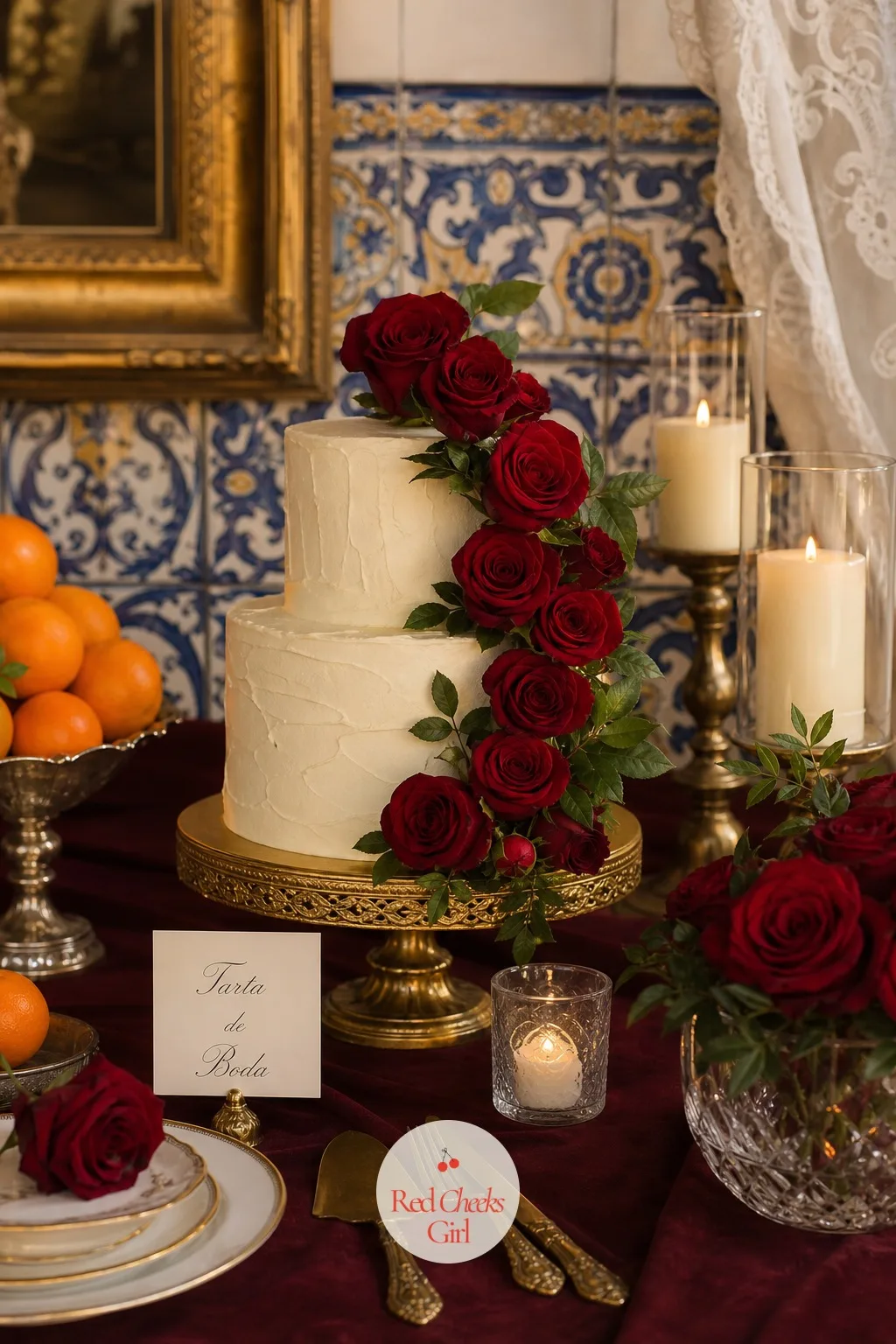Red Rose Wedding Cake — An all-white cake can look like it wandered in from a different, quieter wedding. Spanish wedding