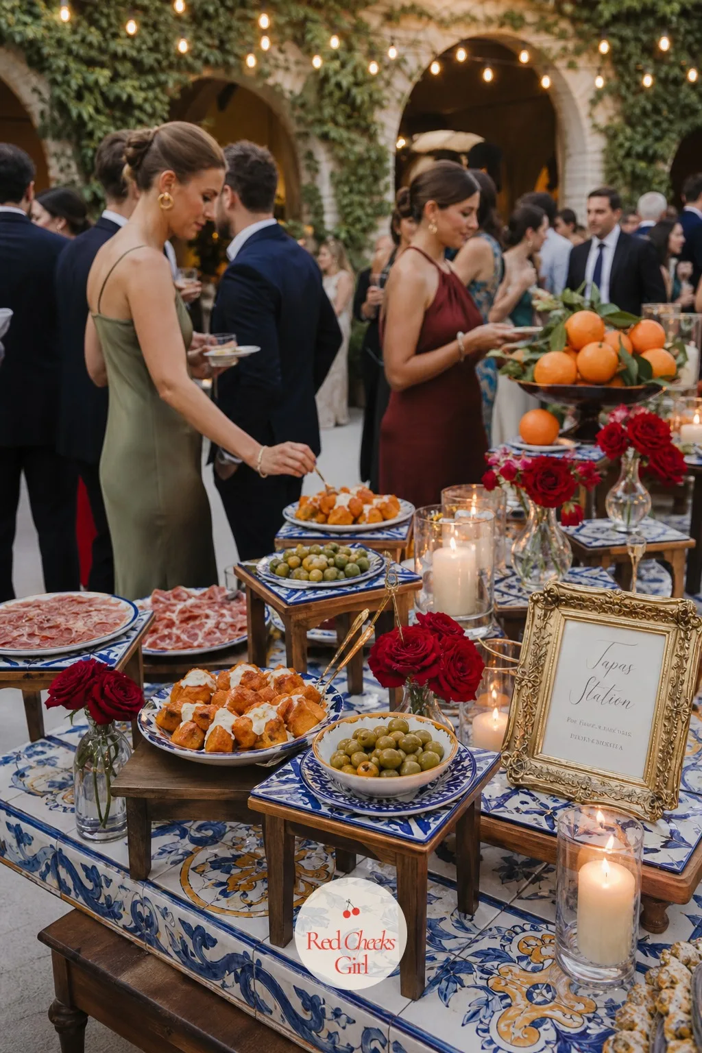 Tapas Station on Tiled Risers — A single long buffet line turns cocktail hour into a queue. Spanish wedding