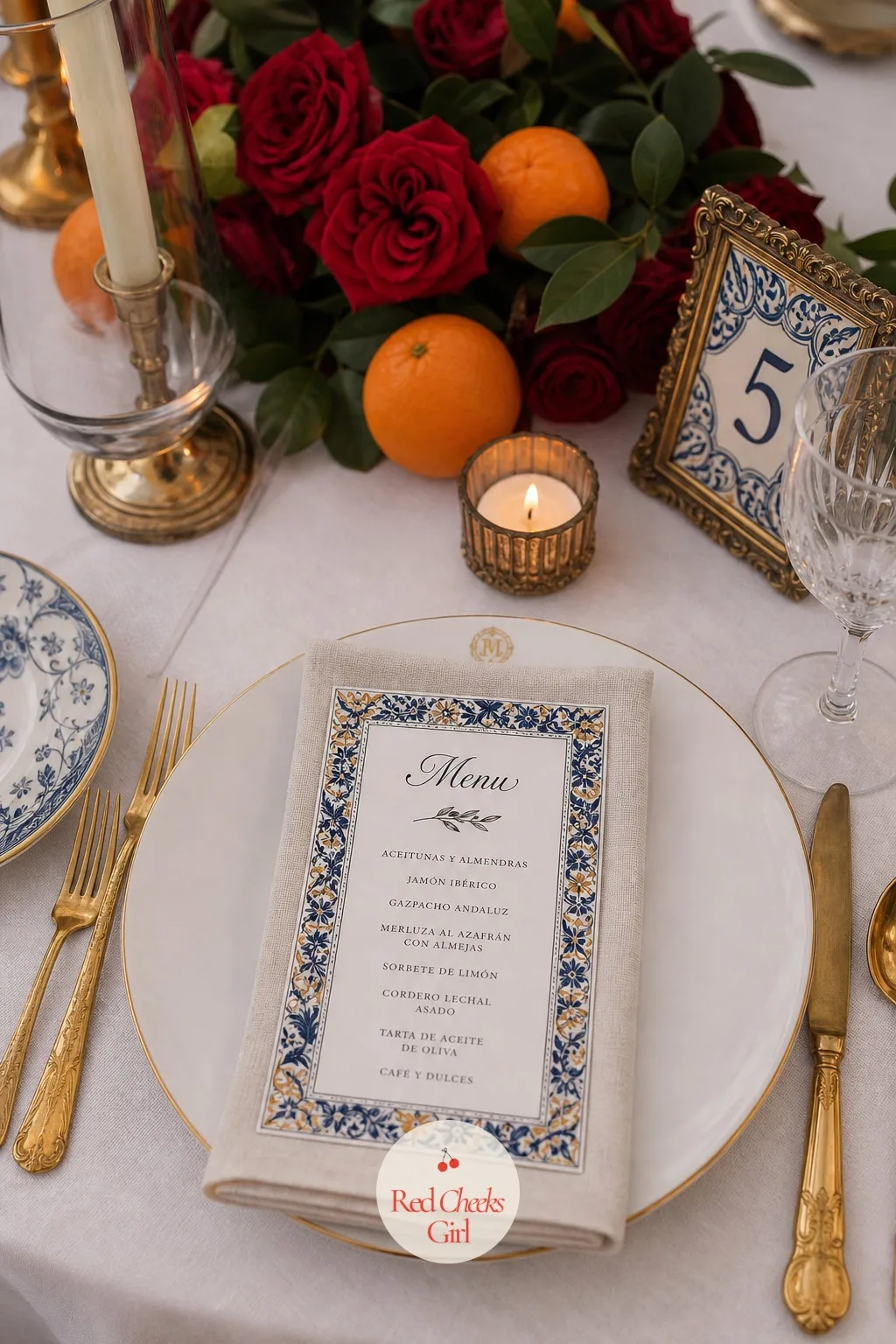 Tile-Pattern Menu Cards — A plain white menu card at each place setting looks borrowed from a restaurant. Spanish wedding