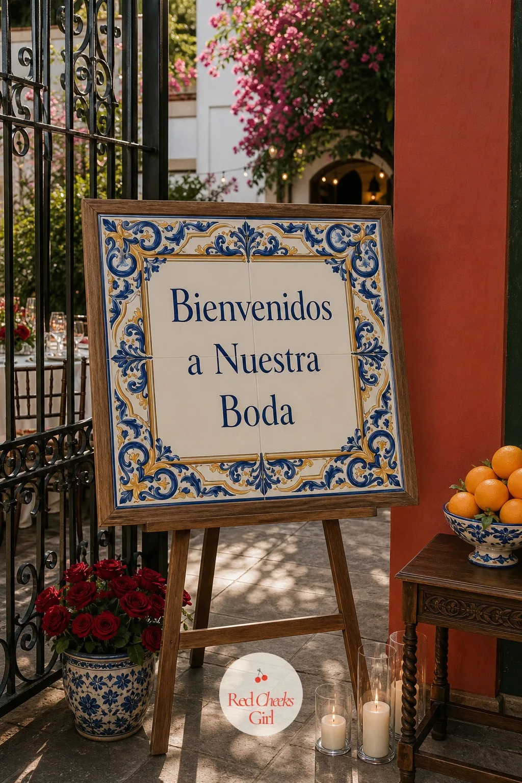Tile-Pattern Welcome Sign — Guests read the welcome sign before they read anything else, so it sets the whole tone in four words. Spanish wedding