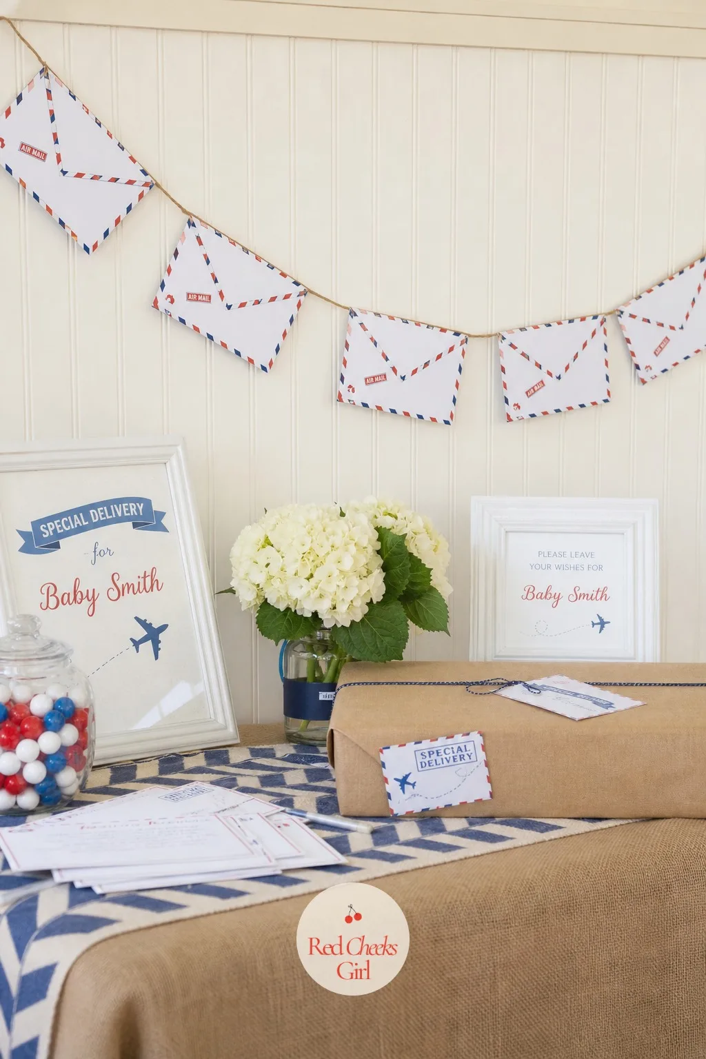 Airmail Envelope Bunting — A dessert table under a bare wall looks unfinished no matter how good the cake is. Special delivery baby shower theme