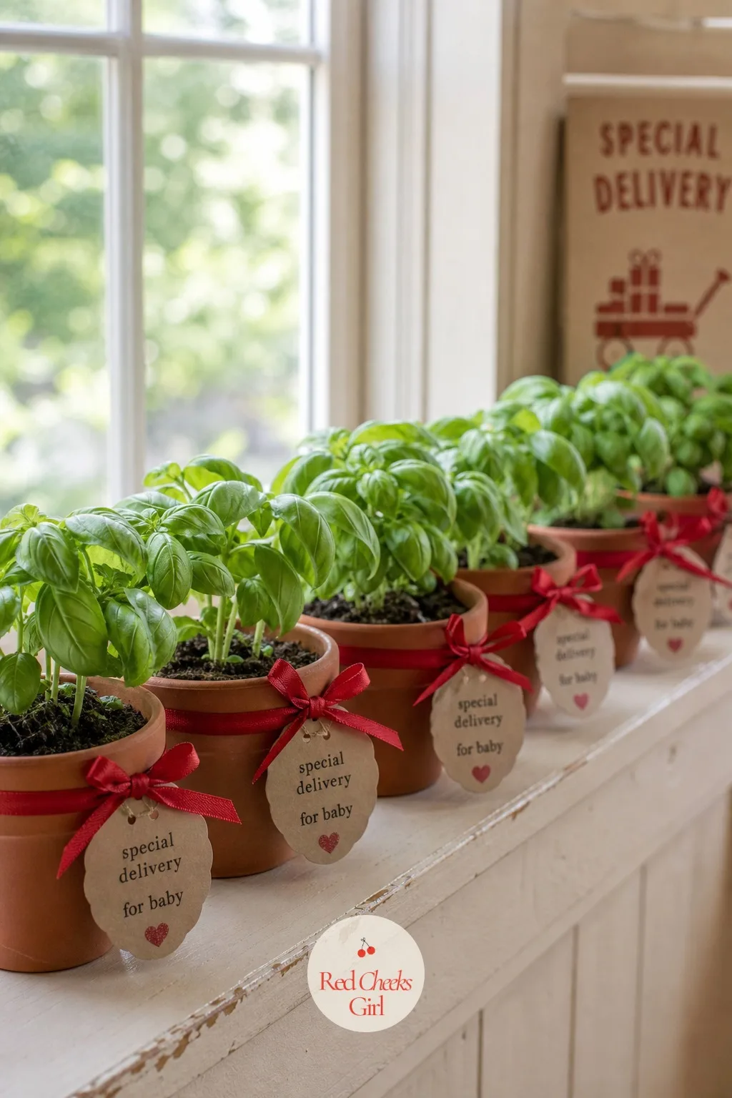 Basil Seedling Favors in Terracotta Pots — The smallest favor on this list ties straight back to the jars of basil on the table. Special delivery baby shower