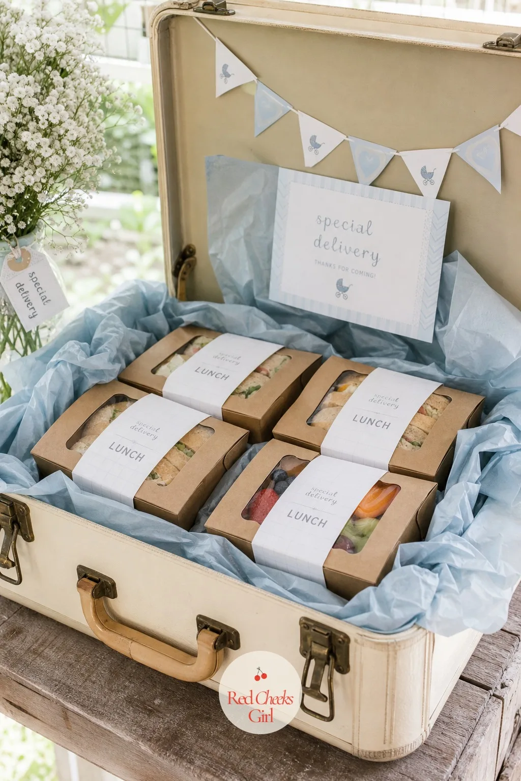 Boxed Meal Lunch in Vintage Suitcases — For the travel version, lunch doubles as a prop without anyone feeling tricked into it. Special delivery baby shower