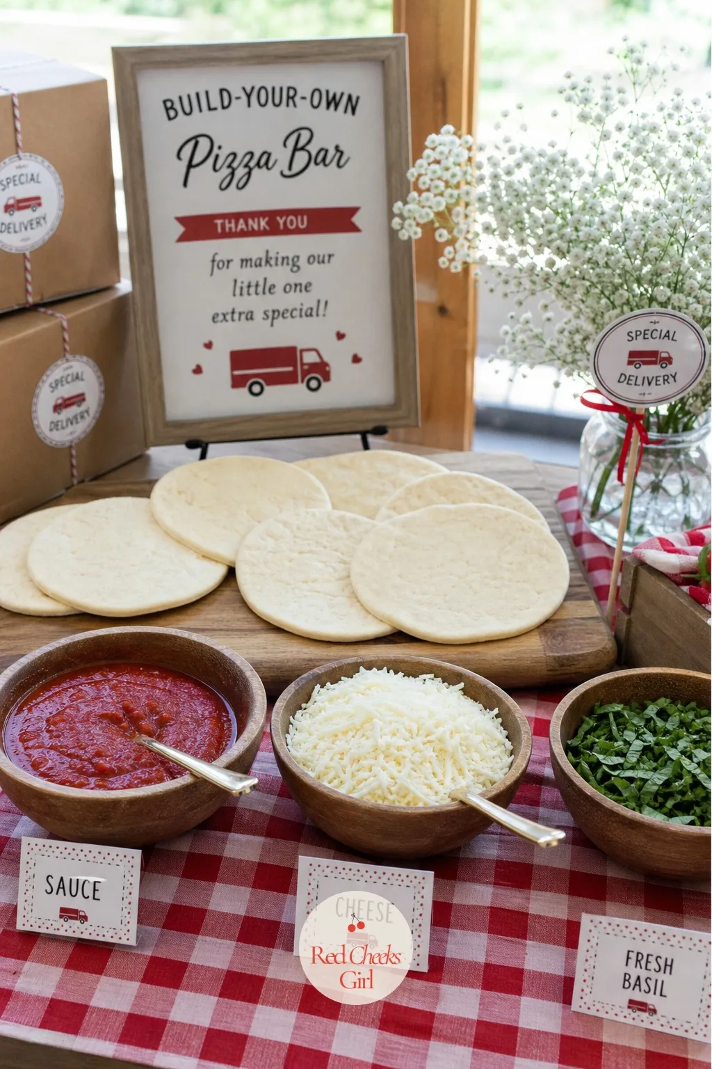 Build-Your-Own Pizza Bar — Nobody complains about a pizza bar, and it saves her the stress of plating a hot meal for forty people at once. Special delivery