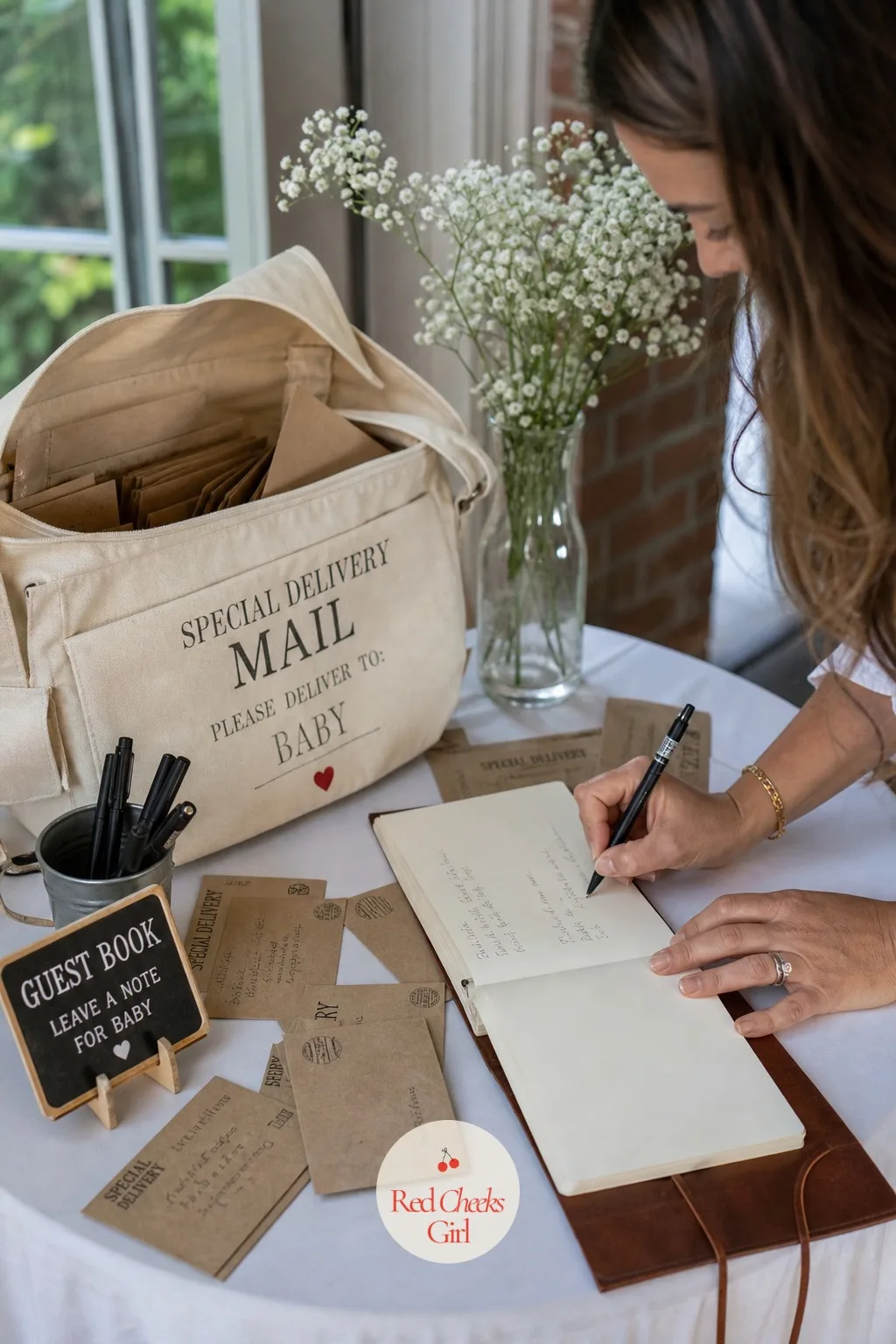 Canvas Mailbag Guest Book Station — A guest book sitting flat on a table gets ignored. Special delivery baby shower theme