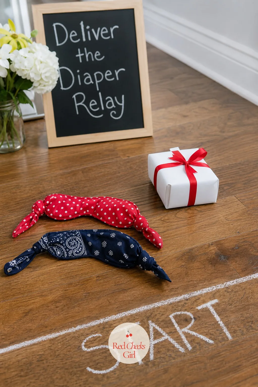 Deliver the Diaper Relay — Two small parcels, each one a wrapped stack of diapers tied with red ribbon, sit at a starting line marked across the floor. Special
