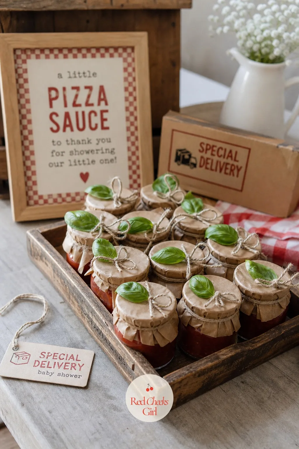 Pizza Sauce Jar Favors — A favor she can actually use beats a trinket every time. Special delivery baby shower theme