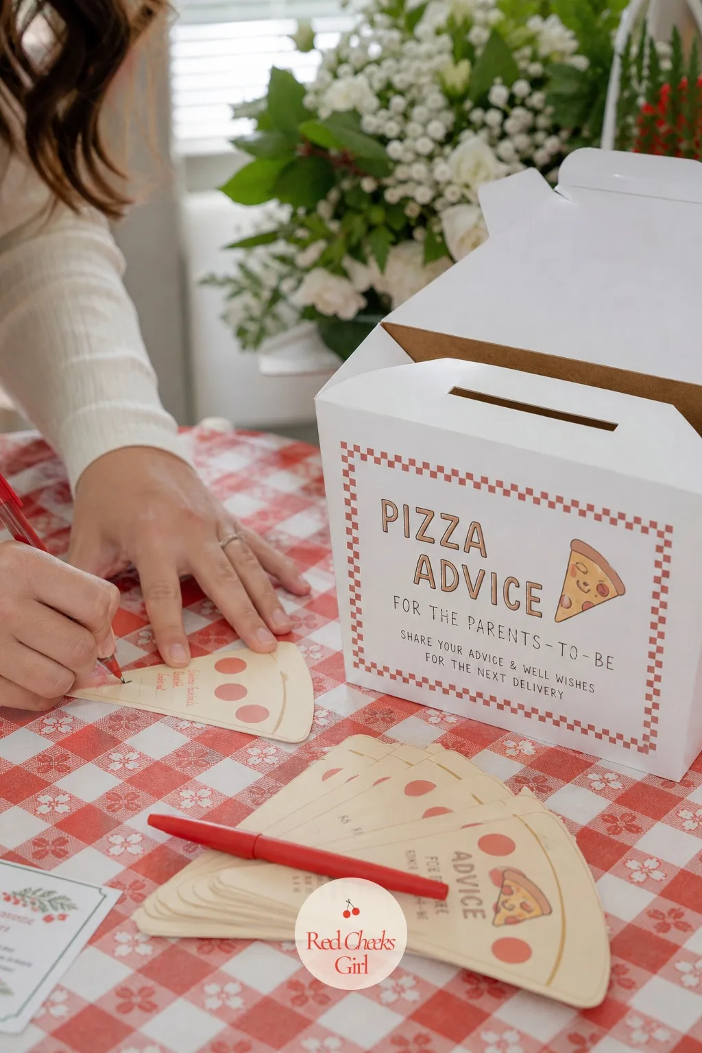 Pizza Slice Advice Card Station — Instead of passing a single card around the table, set out a stack of blank cards cut into triangular pizza slice shapes