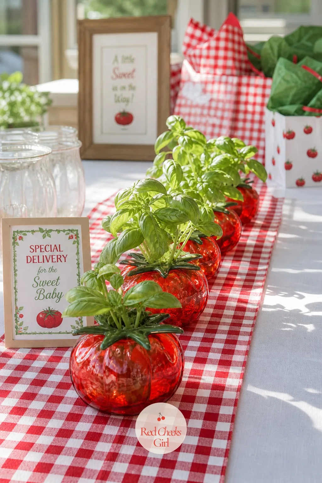 Red Gingham Runner with Tomato Jars of Basil — A plain white tablecloth says nothing on its own. Special delivery baby shower theme