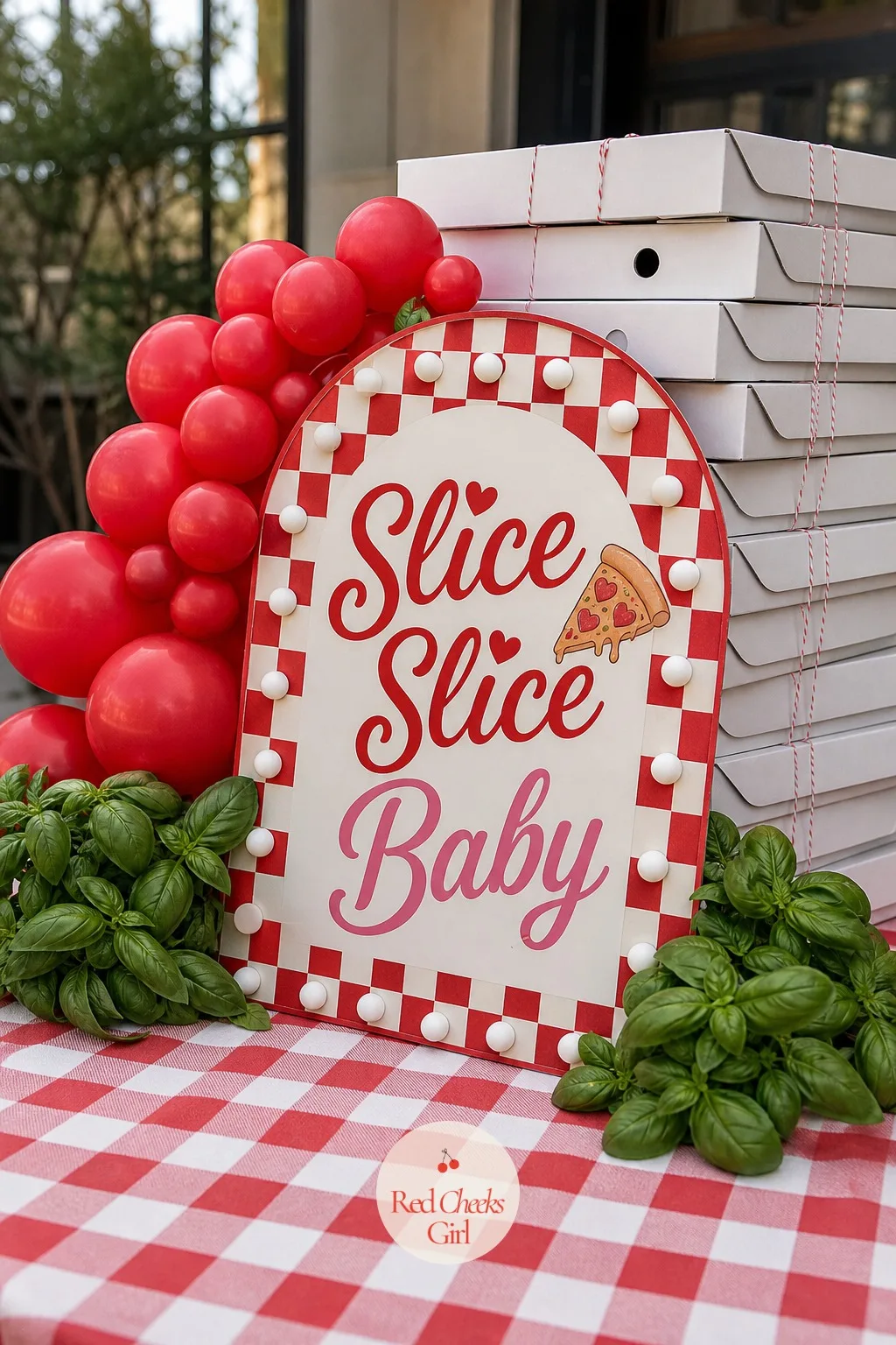 "Slice Slice Baby" Pizza Sign Backdrop — A sign on an easel by itself looks a little apologetic. Special delivery baby shower theme
