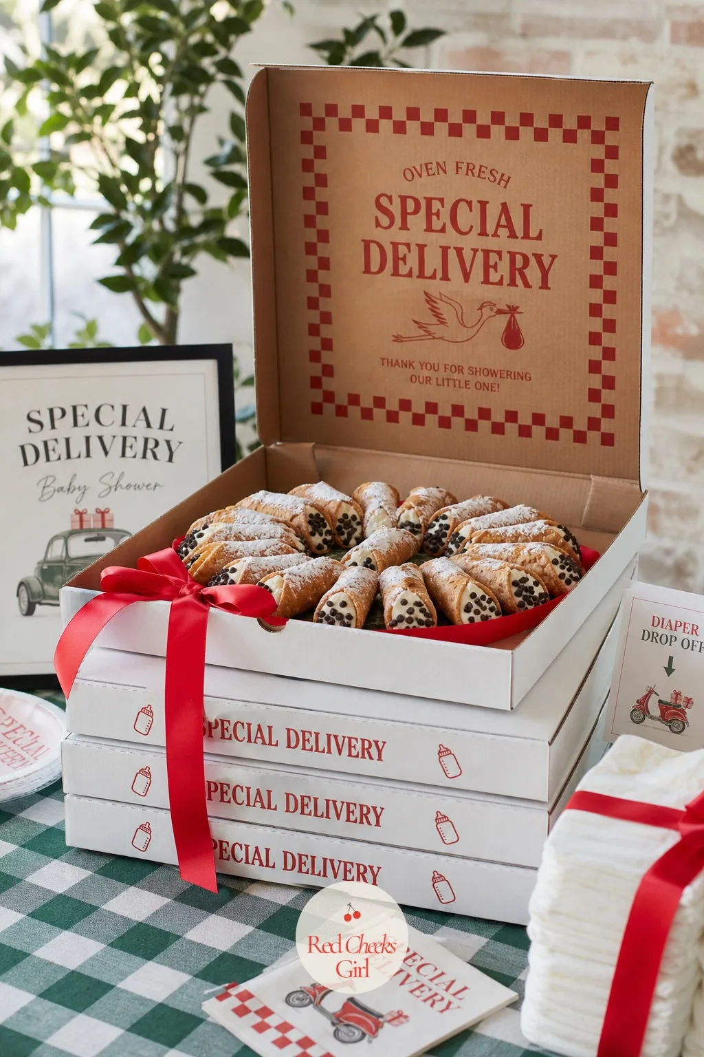 Stacked Pizzeria Box Dessert Stand — A tiered cake stand says wedding more than it says pizza night. Special delivery baby shower theme