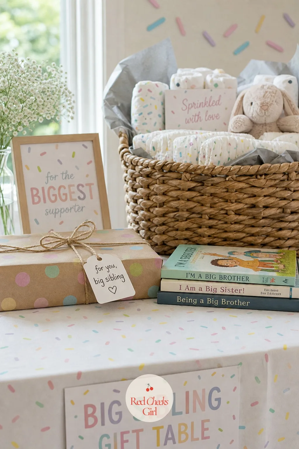 Big Sibling Gift Table — If the gift drop is all diapers, the big sibling needs their own small pile too, or the afternoon starts to feel one-sided fast.