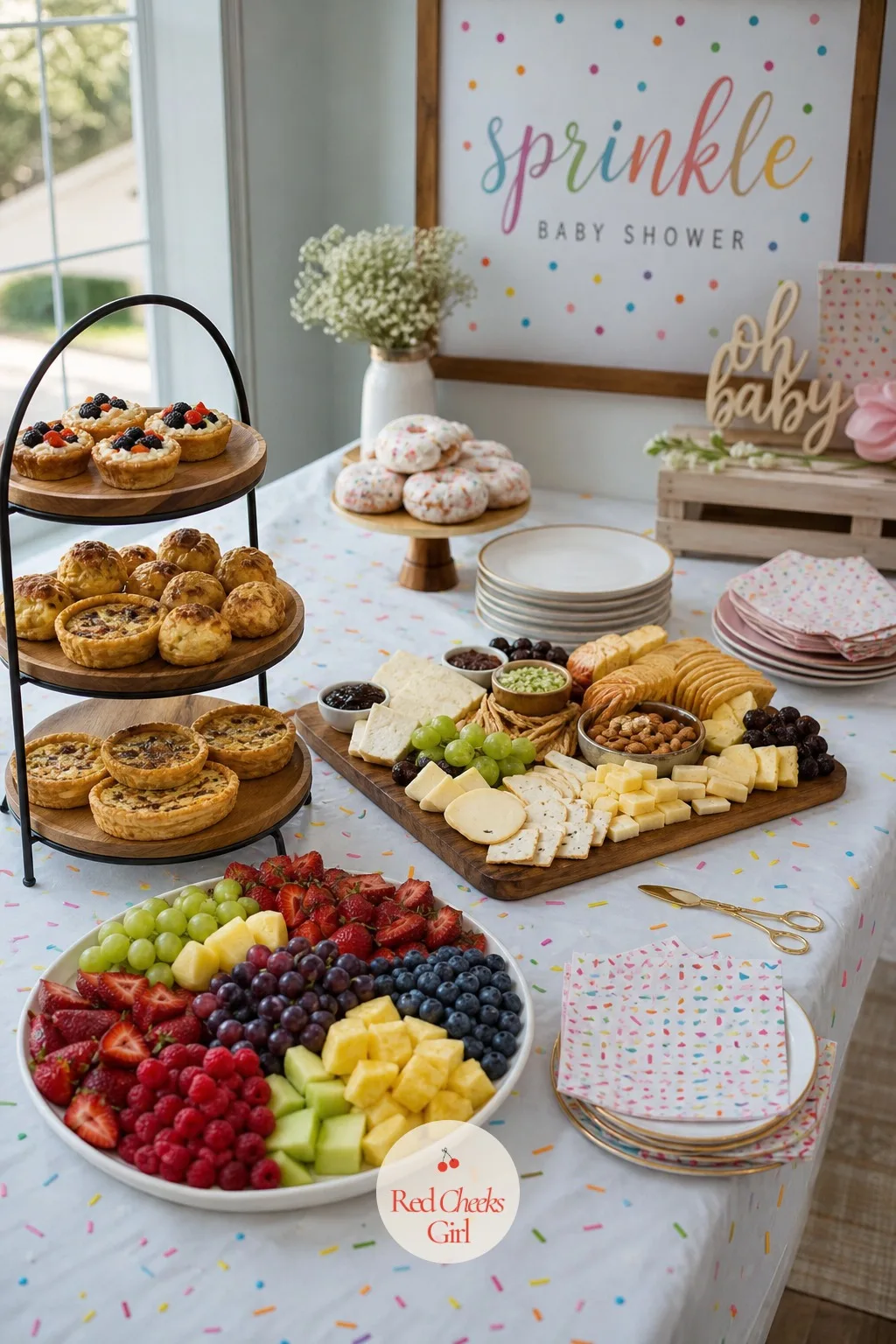 Brunch Table Spread — Keep the adult food simple and daytime appropriate, this is not the moment for a formal sit-down meal. Sprinkle baby shower ideas
