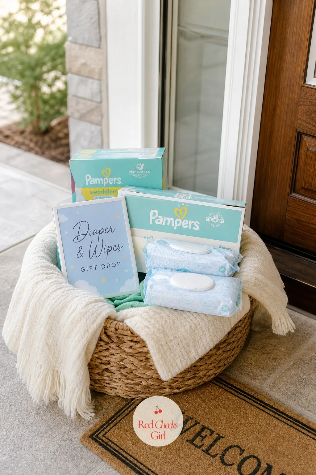 Diaper and Wipes Gift Drop — She already owns the crib and the car seat, so a registry table full of big-ticket boxes just sits there looking awkward. Sprinkle