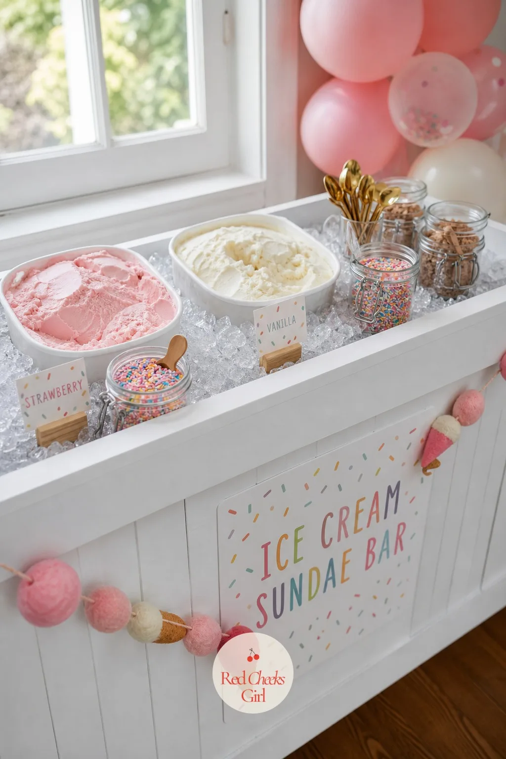 Ice Cream Sundae Bar — Nobody wants to stand behind a cake stand serving dessert for forty minutes, least of all you with a toddler on one hip. Sprinkle baby