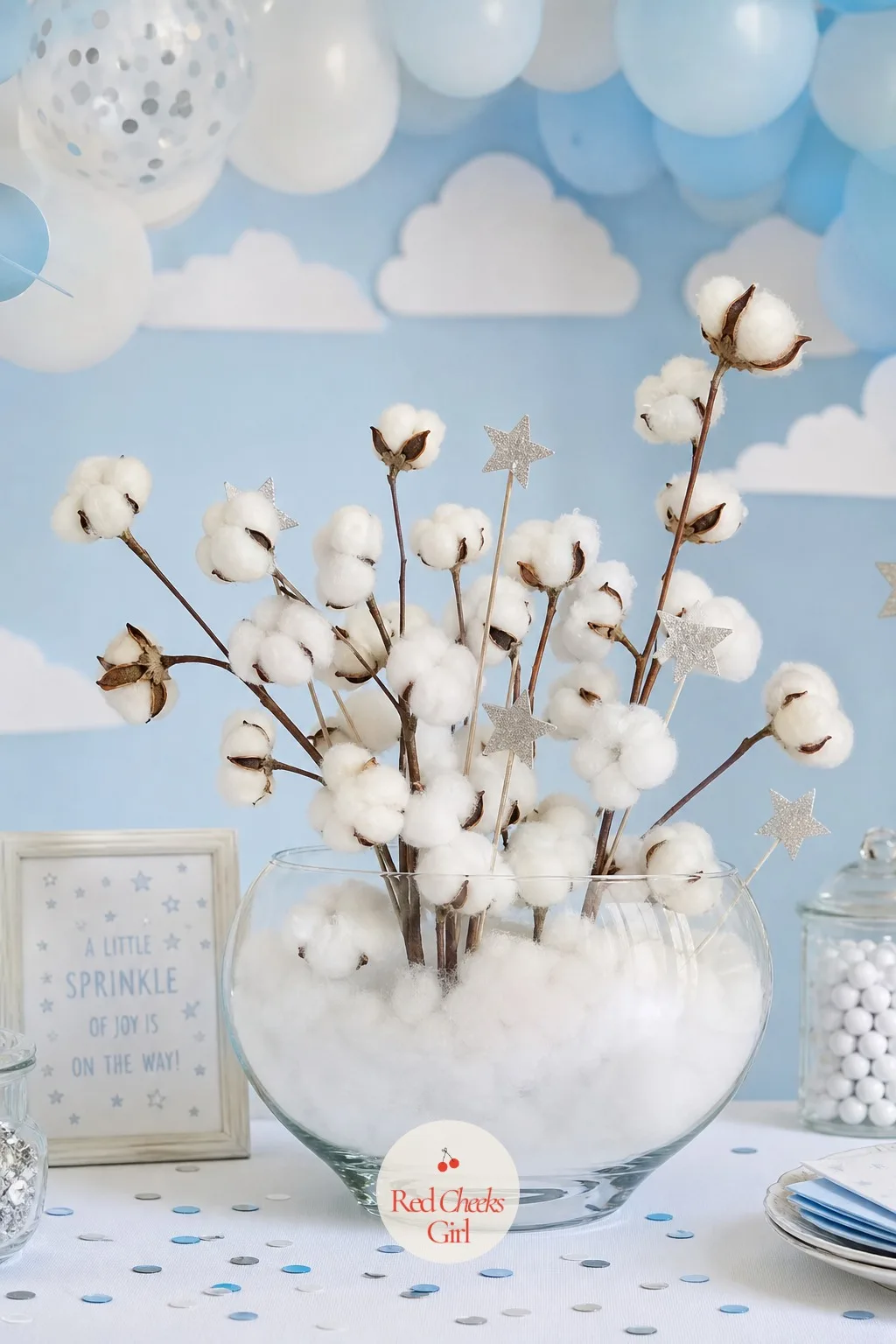 On Cloud Nine Cotton Centerpiece Setup — If the whole party is going to be soft and a little hushed, this is the corner that does it without a single balloon.