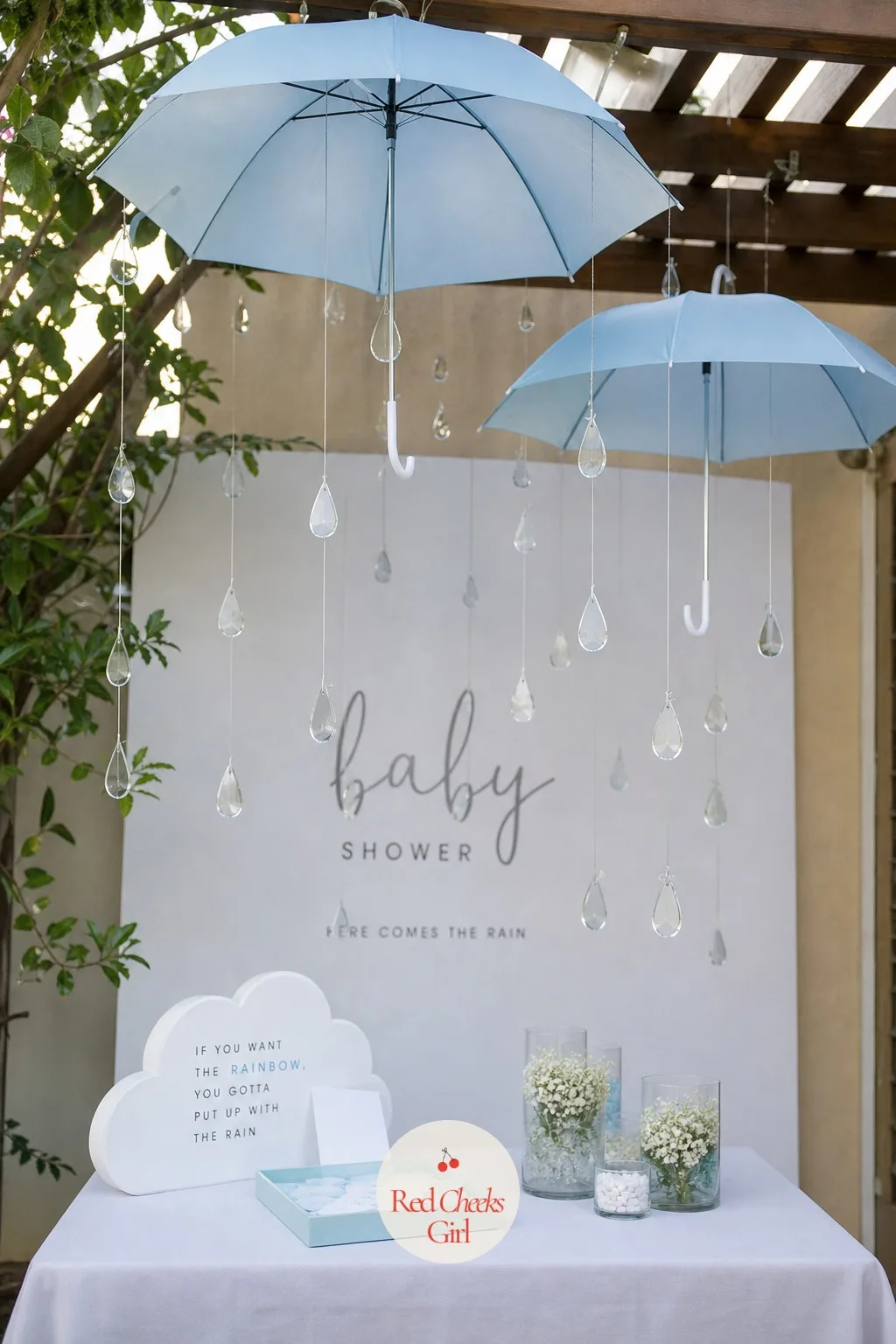 Rain Shower Umbrella and Raindrop Corner — The pun writes itself, a shower that is actually about rain, and it gives you an excuse to hang something overhead