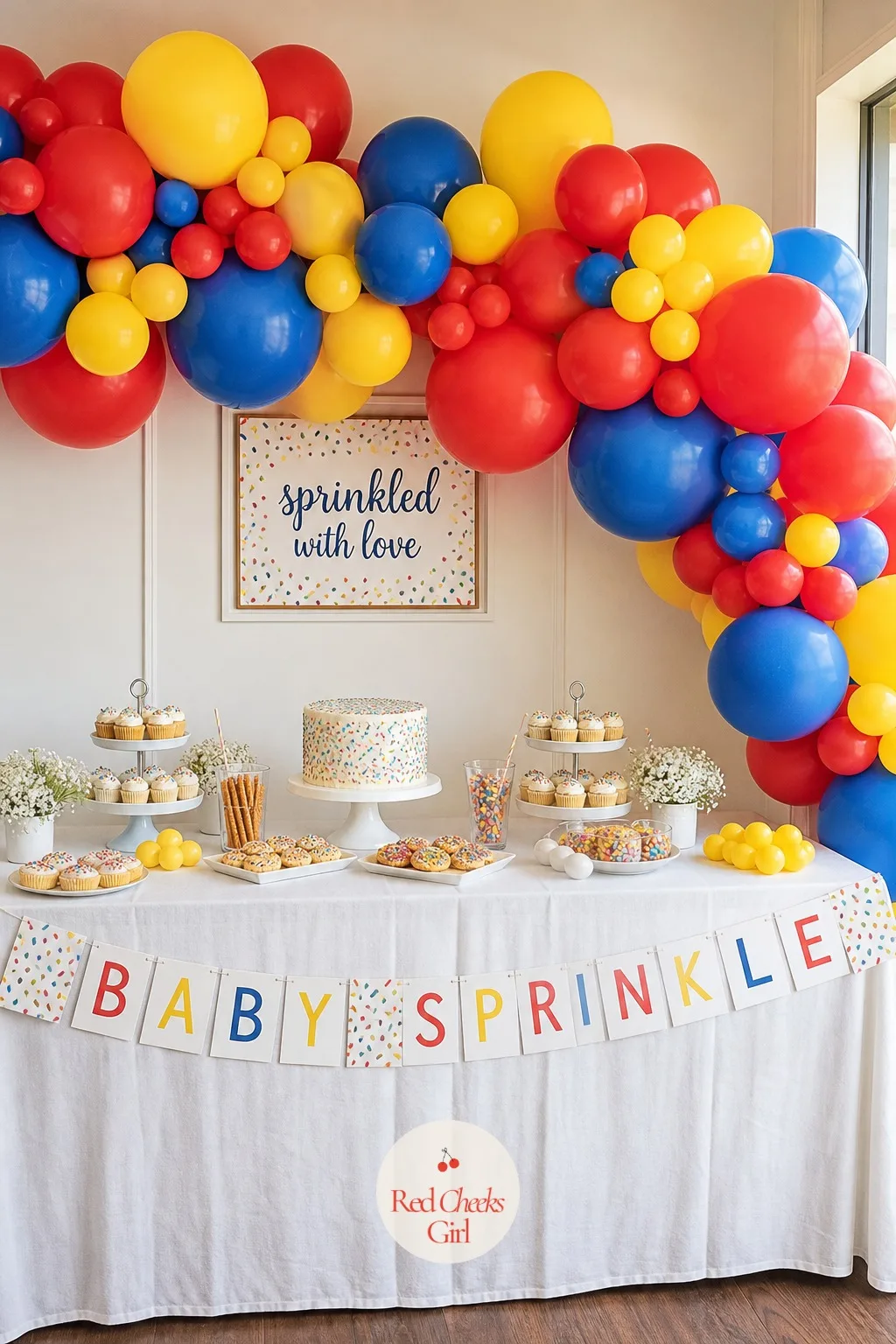Rainbow Balloon Garland — The room needs one thing that reads from across the yard before anyone notices the smaller details, and a balloon garland does