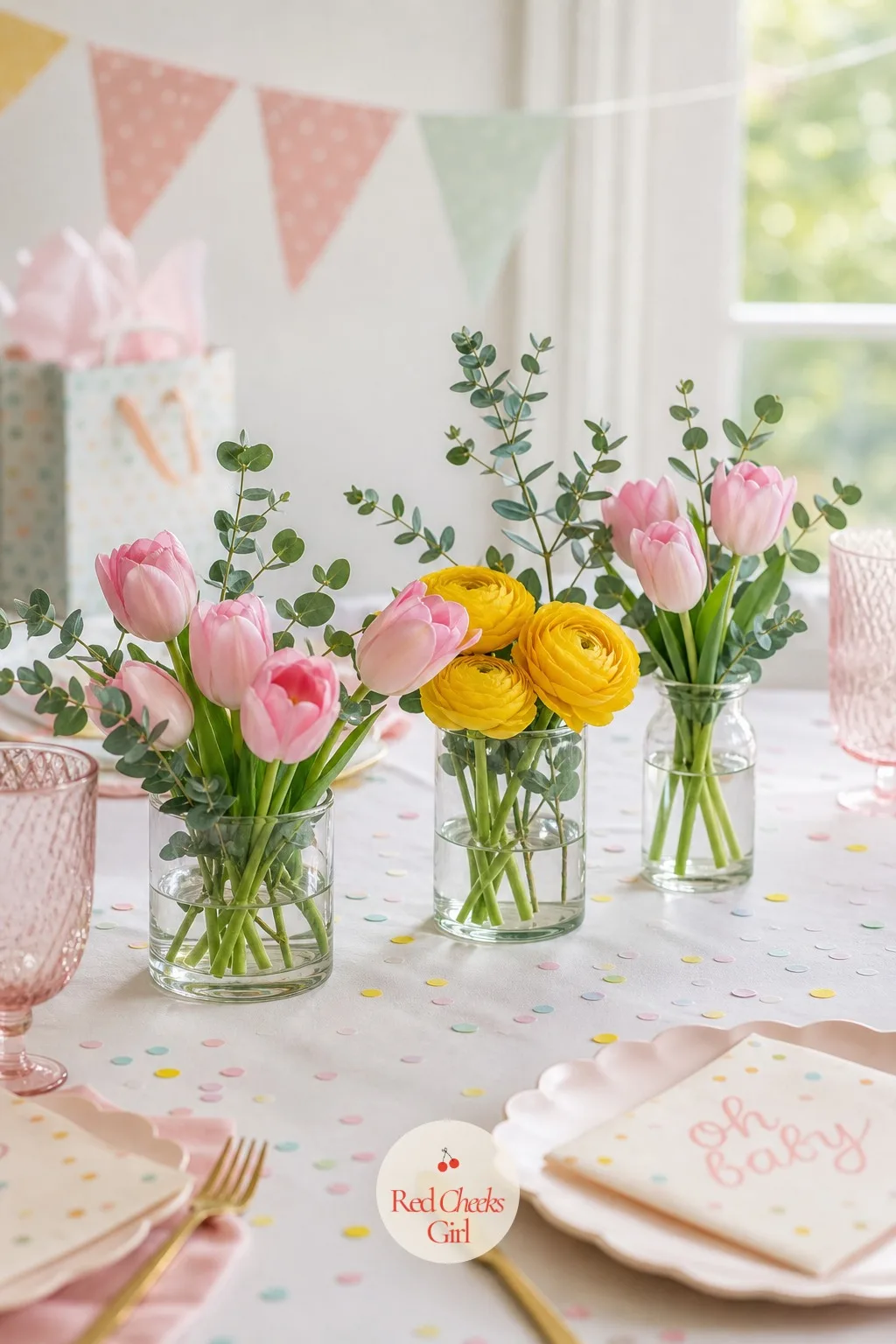Spring Flower Centerpieces — Balloons do the big gesture, flowers do the close-up one, the kind she notices when she sits down at the table. Sprinkle baby