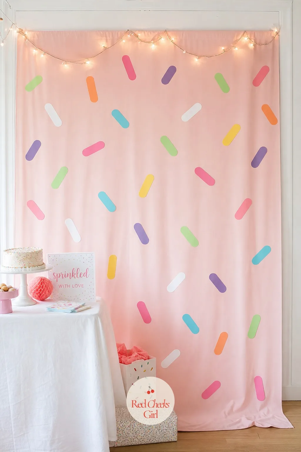Sprinkle Photo Backdrop — Somewhere in the room needs to be built for photos on purpose, otherwise every picture ends up against the kitchen cupboards.