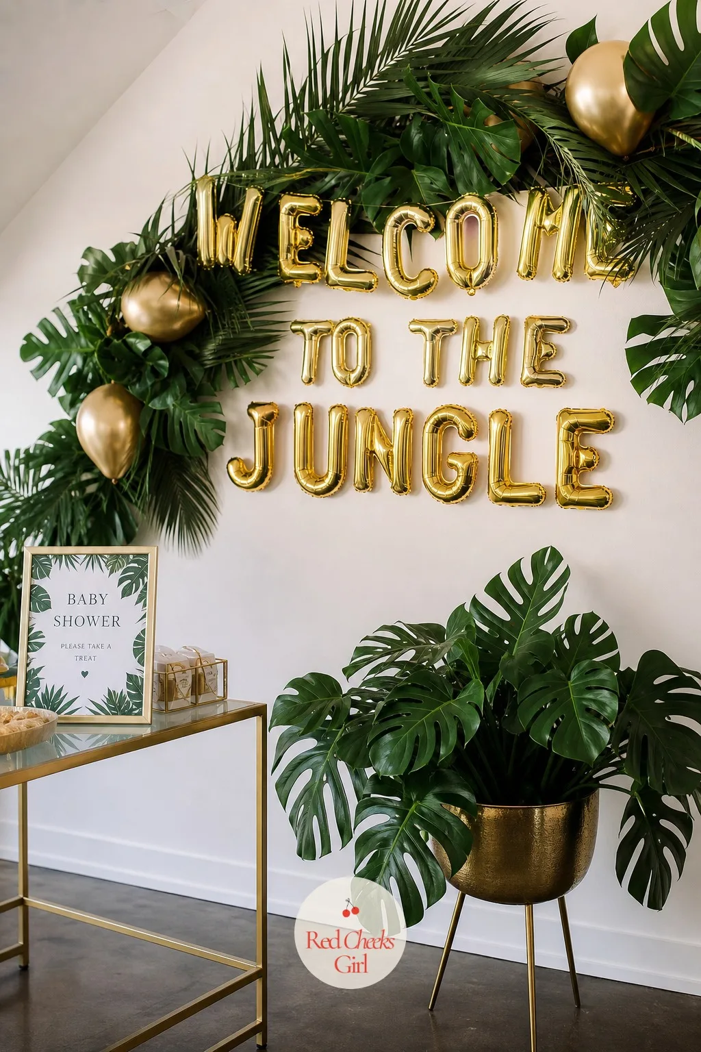 Welcome to the Jungle Greenery and Gold Corner — This one suits a family that already leans toward safari nursery prints or has a toddler obsessed with