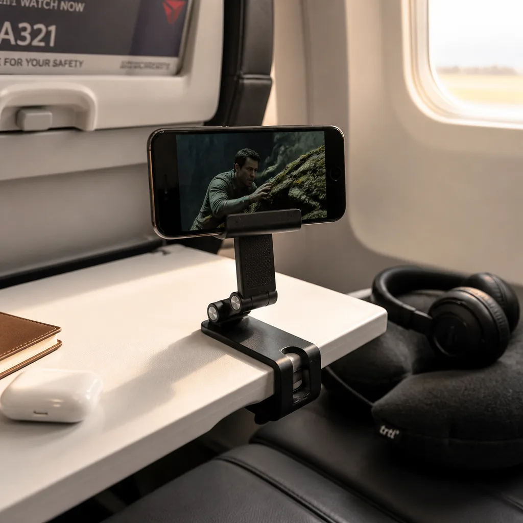 Airplane Phone Holder — The seatback tray folds up for takeoff right when the film gets good, and a phone propped against a water bottle never survives