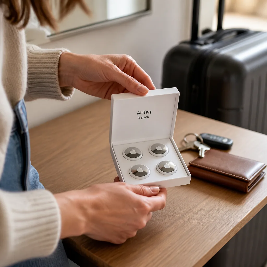 AirTags Four Pack — Keys, a wallet and a suitcase all go missing on the same trip, usually the week of the holidays, and a small tracker on each one turns a