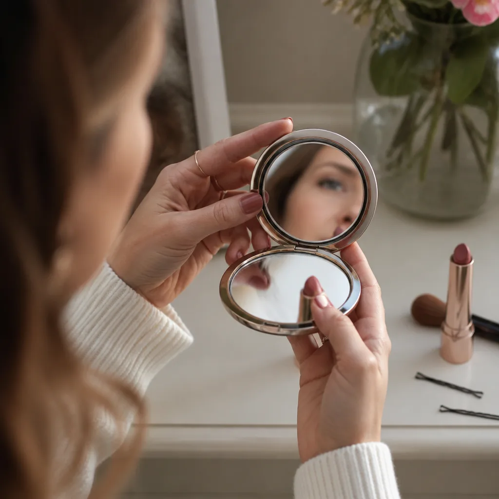 Compact Mirror — Lipstick gets checked in a car visor mirror that is somehow always dirty, and a small mirror in her bag fixes the one thing a phone camera