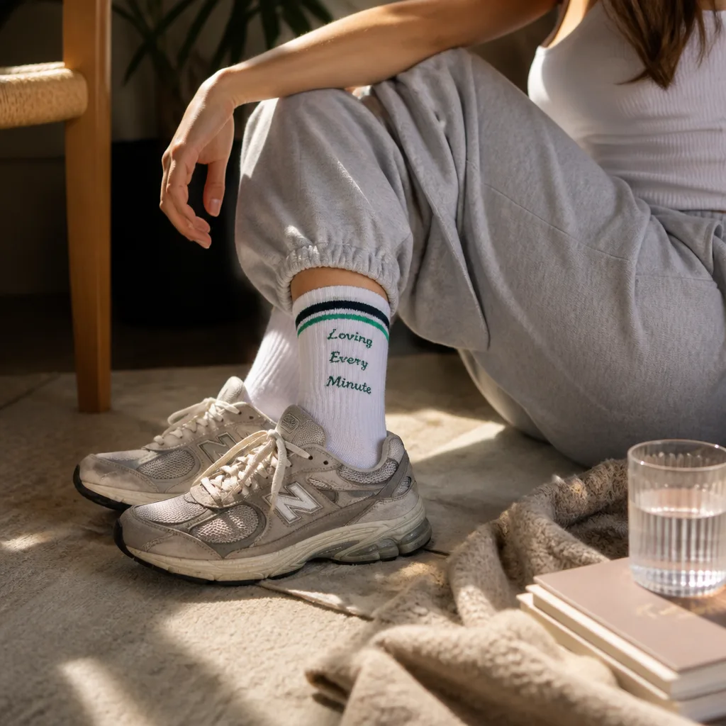 Embroidered Crew Socks — Slippers come off the second she gets home, and a pair of socks with a little script word stitched in says more about her than another