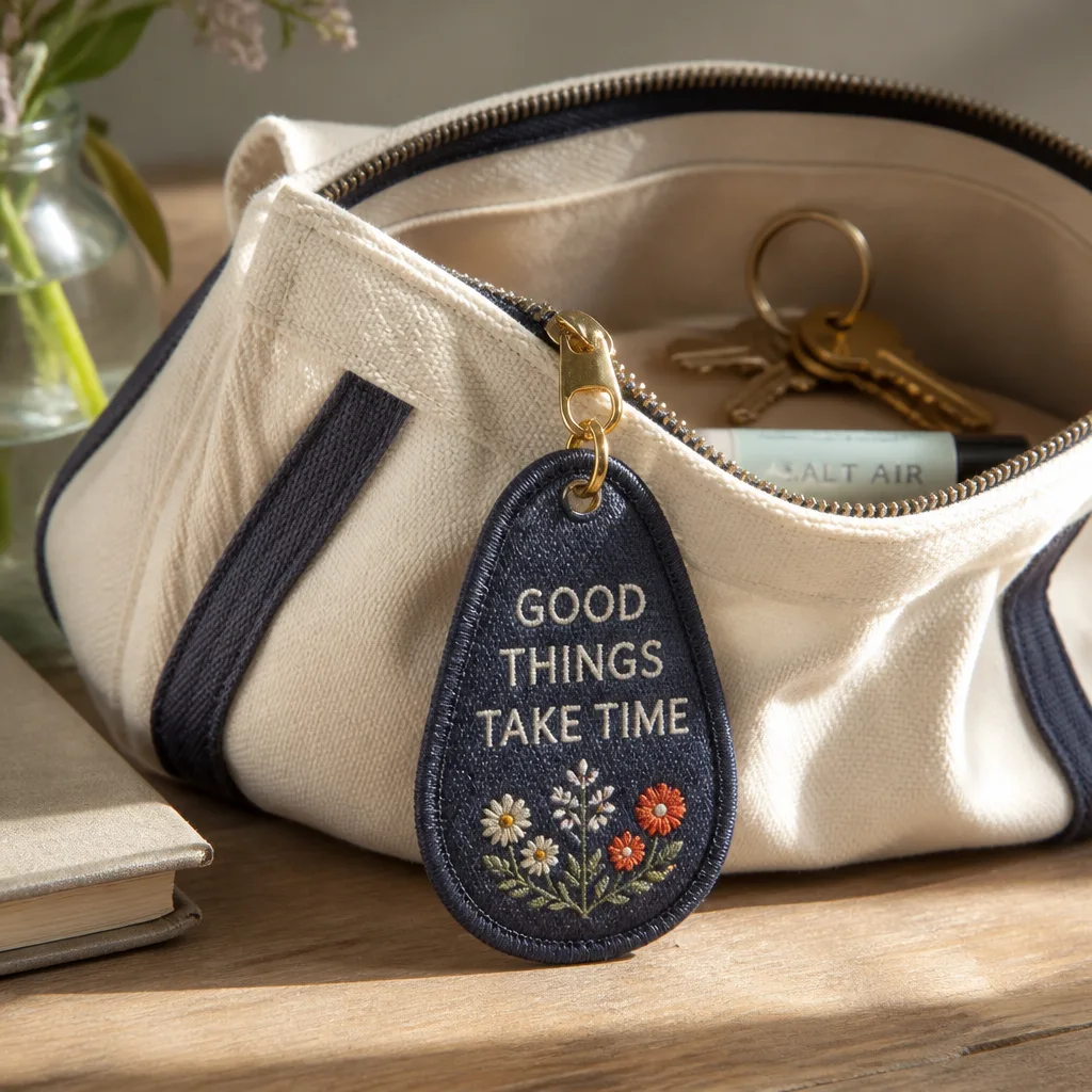 Embroidered Keychain — Keys vanish into the bottom of every bag, and a soft teardrop tag in a color nobody else carries ends the search right at the door.