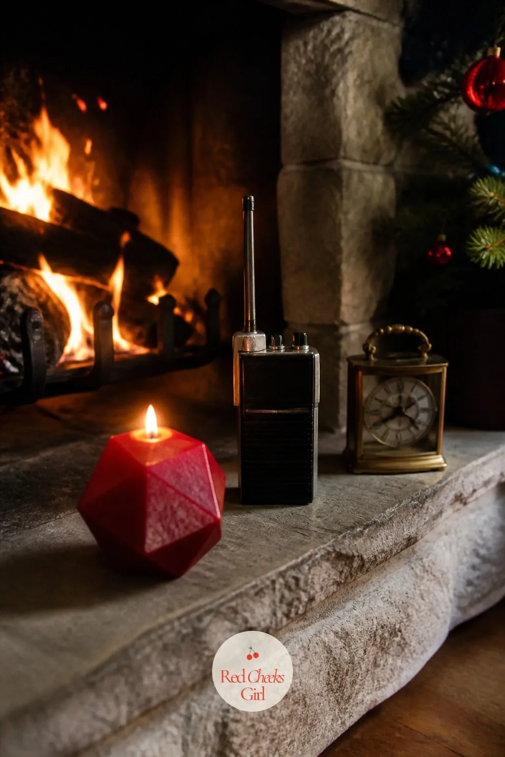 The Dice on the Hearth — One corner of the hearth gets to be a joke: an oversized d20 candle, a walkie talkie replica propped against a brass clock, nothing